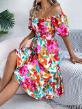 Ruffled Hem Smocked Floral Short Sleeve Midi Dress - Trendsi