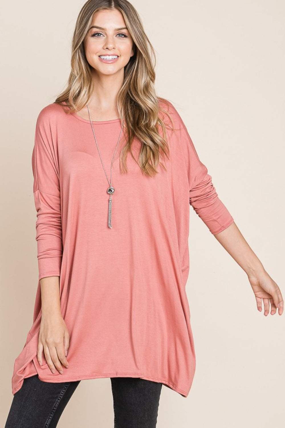 BOMBOM Round Neck Long Sleeve Oversized Top - Trendsi - Flyclothing LLC
