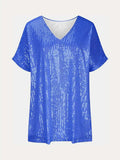 Full Size Sequin V-Neck Short Sleeve Top - Trendsi - Flyclothing LLC