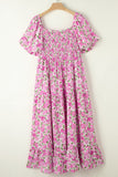 Plus Size Smocked Printed Square Neck Short Sleeve Dress - Trendsi