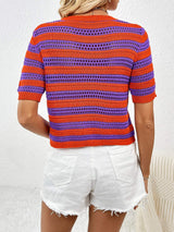 Openwork Striped Round Neck Short Sleeve Knit Top - Trendsi - Flyclothing LLC