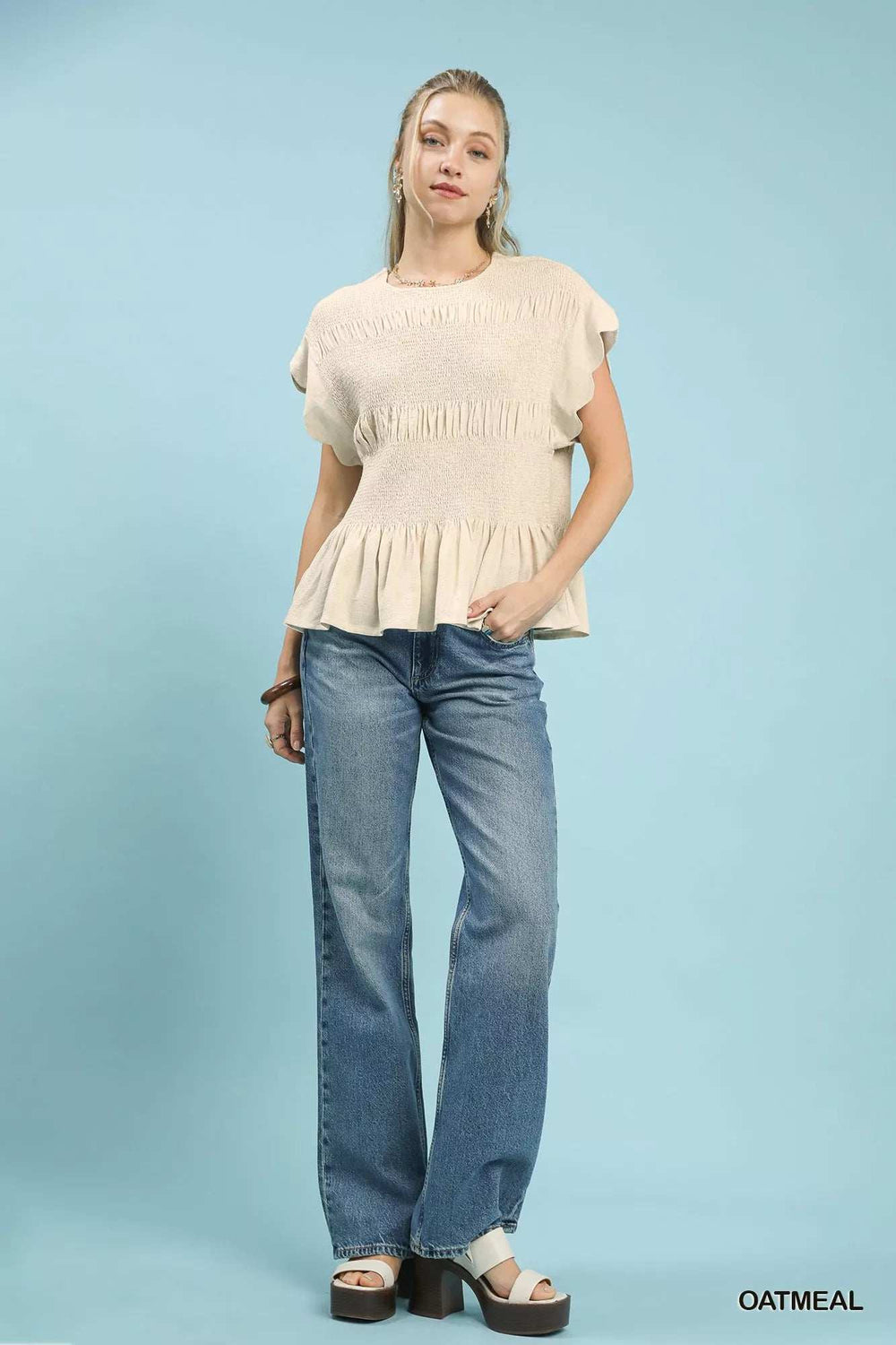 Umgee Linen Blend Smocked Peplum Blouse - Trendsi - Flyclothing LLC