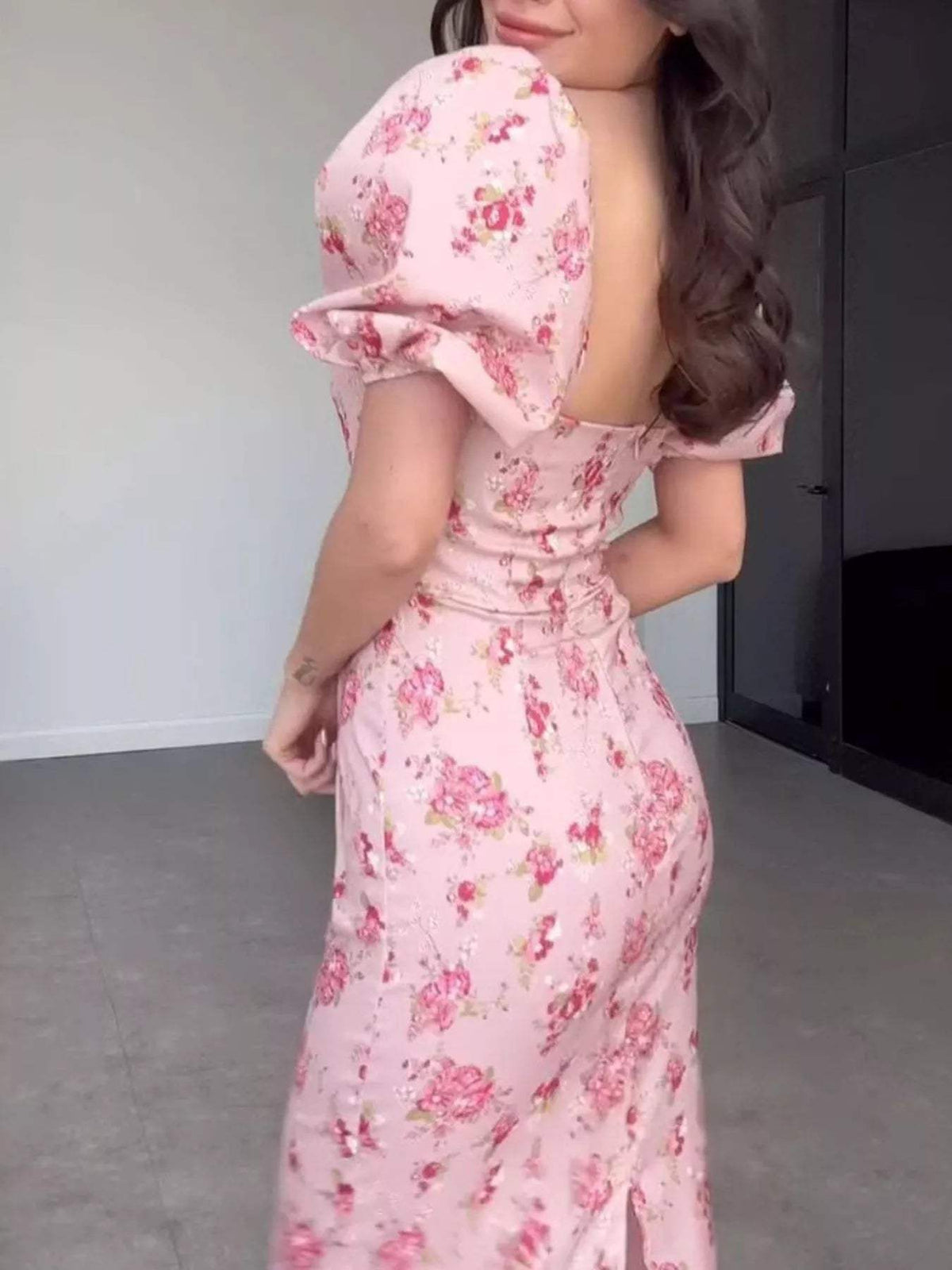 Floral Puff Sleeve Ruched Midi Dress - Trendsi - Flyclothing LLC