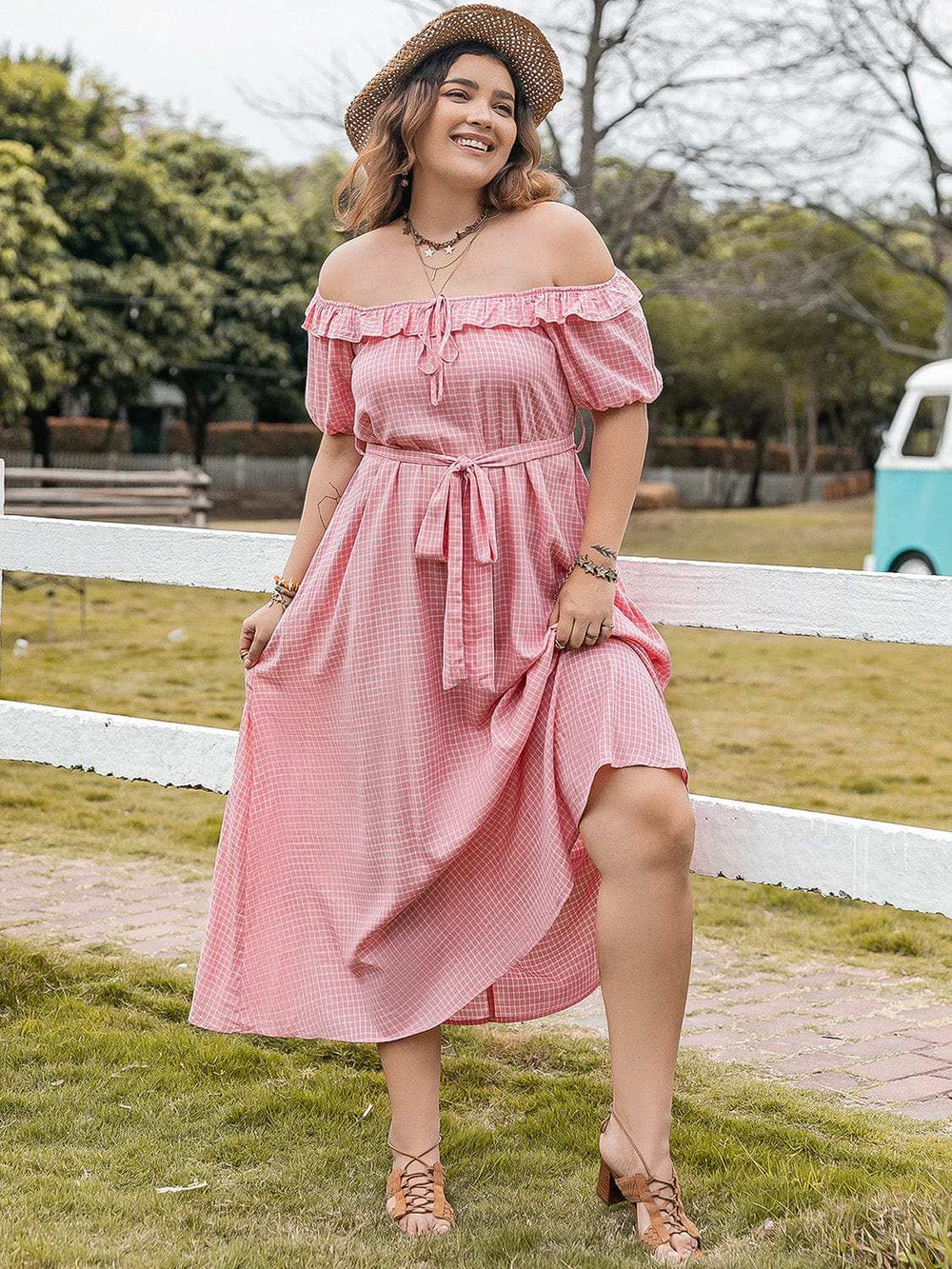 Plus Size Plaid Off-Shoulder Short Sleeve Midi Dress - Trendsi - Flyclothing LLC