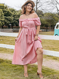 Plus Size Plaid Off-Shoulder Short Sleeve Midi Dress - Trendsi