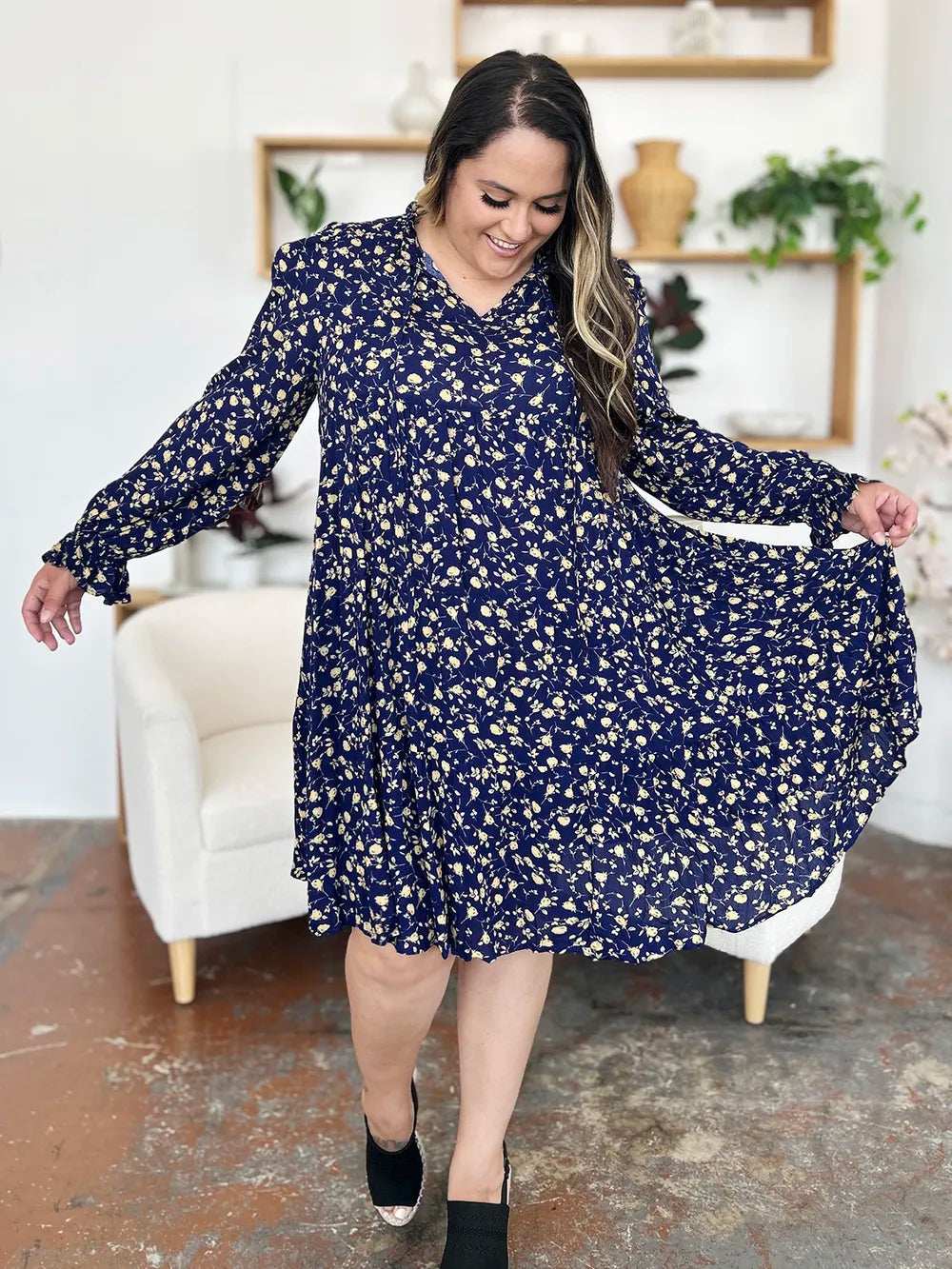 Double Take Full Size Printed Ruffle Hem Long Sleeve Tiered Dress - Trendsi - Flyclothing LLC