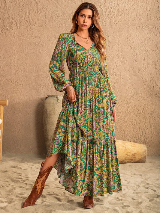 Printed Tie Neck Long Sleeve Dress - Trendsi