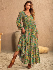 Printed Tie Neck Long Sleeve Dress - Trendsi