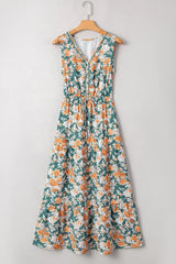 Floral Print Trimmed V Neck Tie Waist Sleeveless Dress - Trendsi - Flyclothing LLC