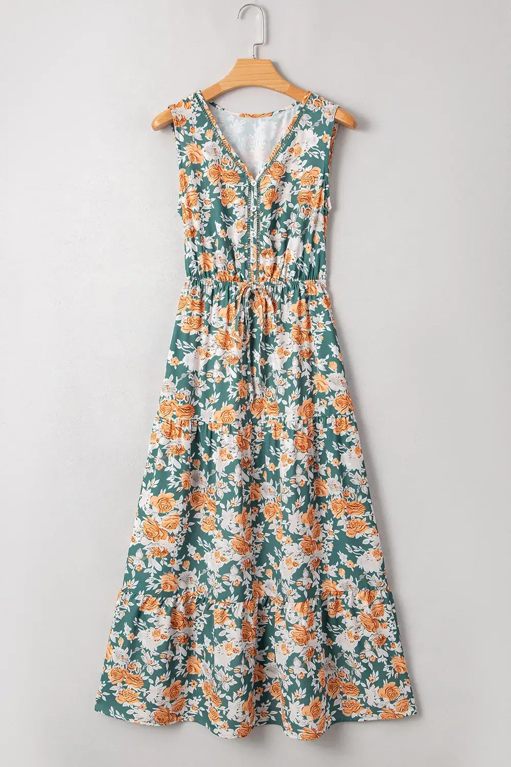 Floral Print Trimmed V Neck Tie Waist Sleeveless Dress - Trendsi - Flyclothing LLC