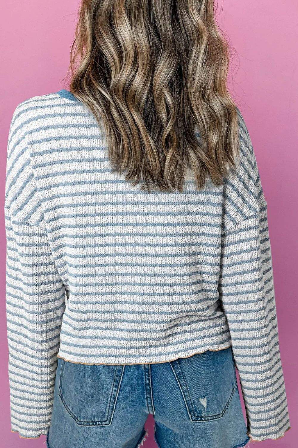 Striped Round Neck Dropped Shoulder Long Sleeve Top - Trendsi - Flyclothing LLC