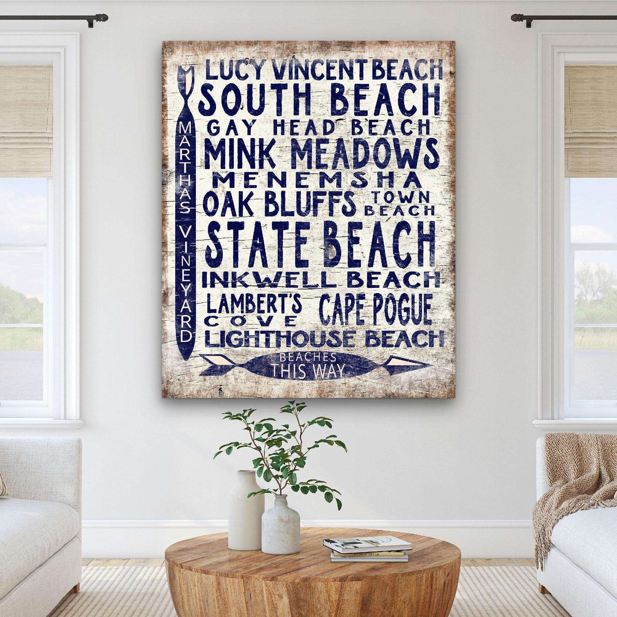 Martha's Vineyard Beaches Sign - Vintage Wood Look Vineyard Arrow Sign - Off The Square Designs - Flyclothing LLC