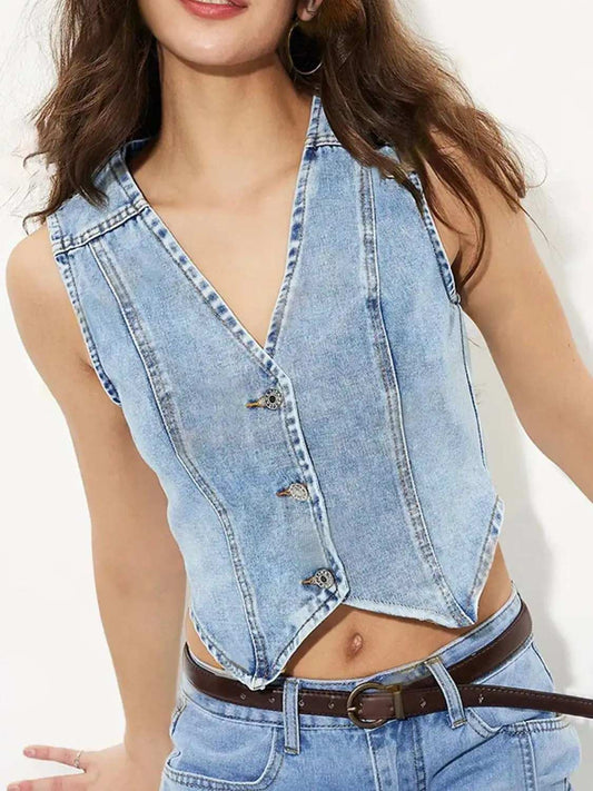 V-Neck Button Up Denim Vest - Trendsi - Flyclothing LLC