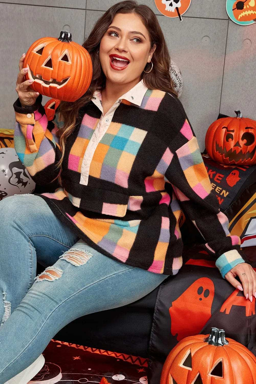Plus Size Color Block Half Snap Long Sleeve Sweatshirt - Trendsi - Flyclothing LLC
