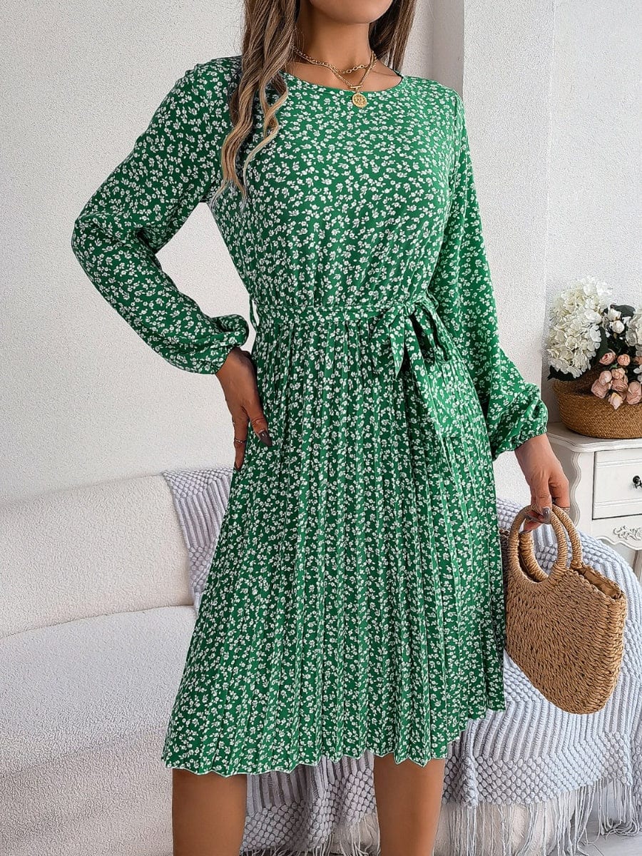 Ditsy Floral Tie Waist Pleated Dress - Trendsi