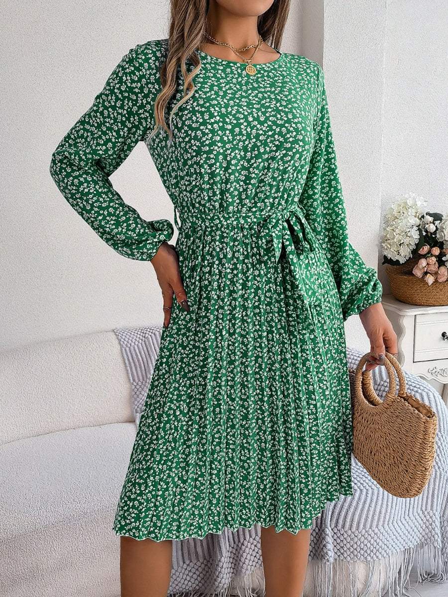 Ditsy Floral Tie Waist Pleated Dress - Trendsi - Flyclothing LLC