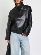 Faux Leather Moto Jacket with Asymmetrical Zip - Trendsi - Flyclothing LLC