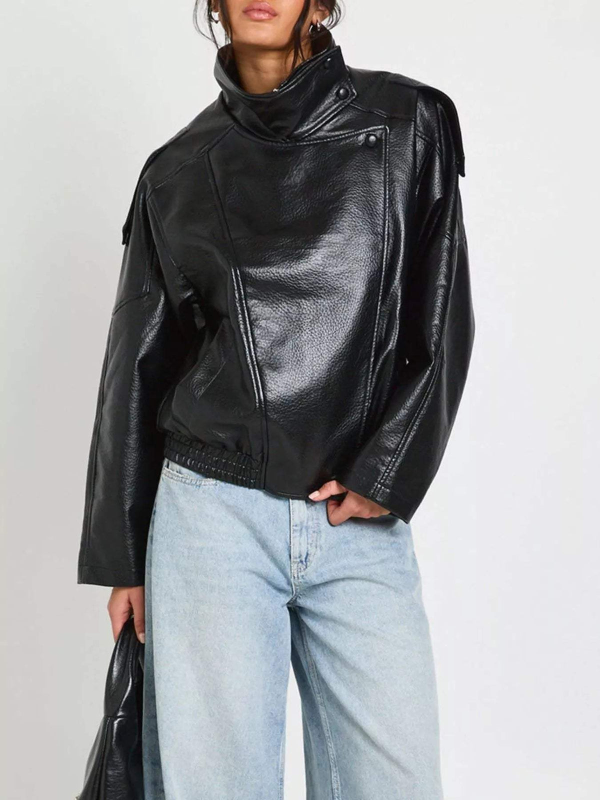 Faux Leather Moto Jacket with Asymmetrical Zip - Trendsi - Flyclothing LLC