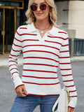 Striped Johnny Collar Long Sleeve Sweater - Trendsi