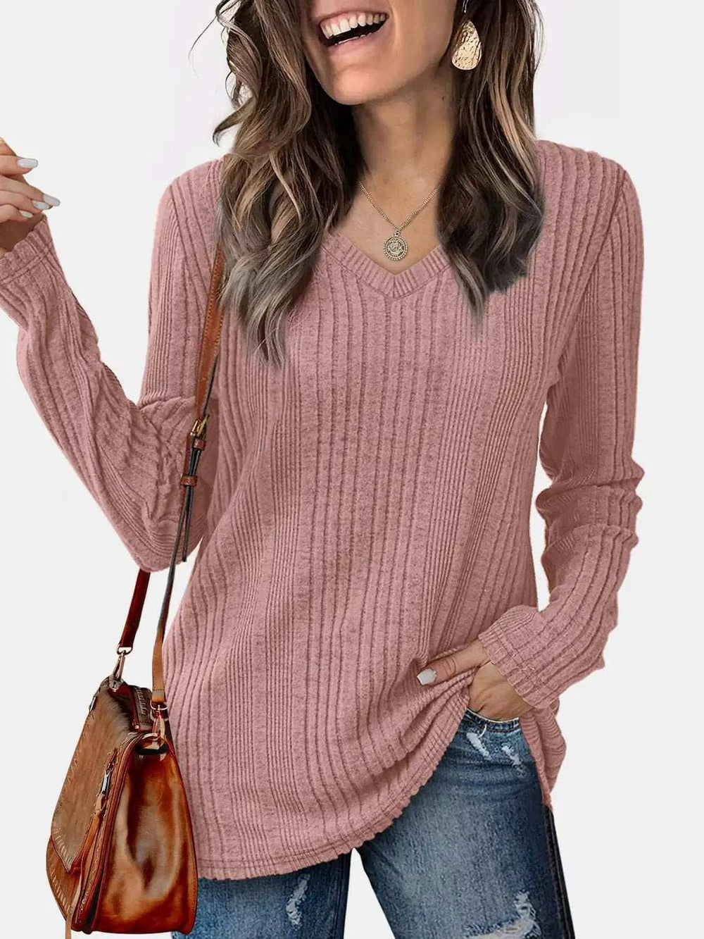 V-Neck Long Sleeve T-Shirt - Trendsi - Flyclothing LLC