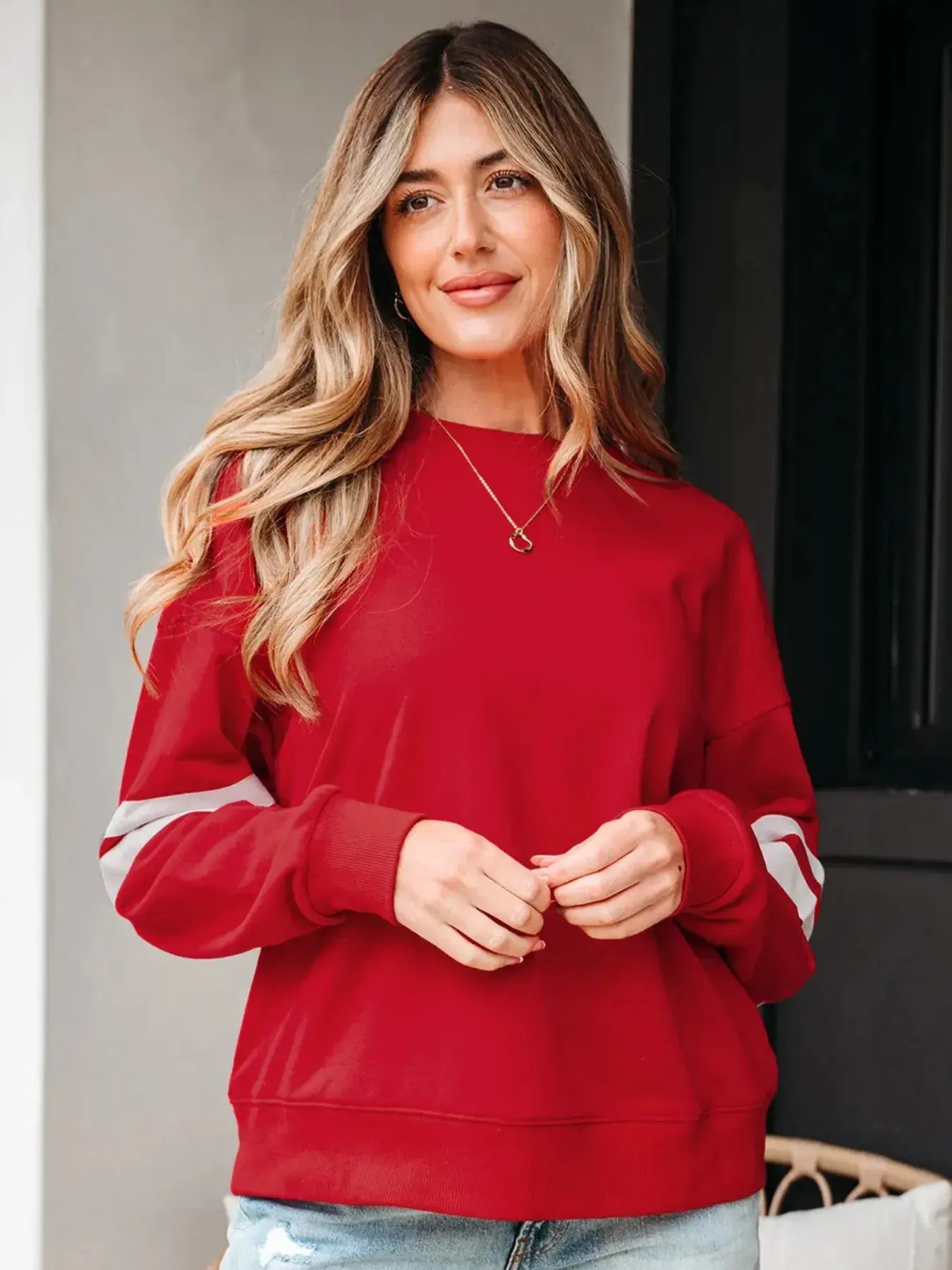 Stripe Round Neck Long Sleeve Sweatshirt - Trendsi - Flyclothing LLC