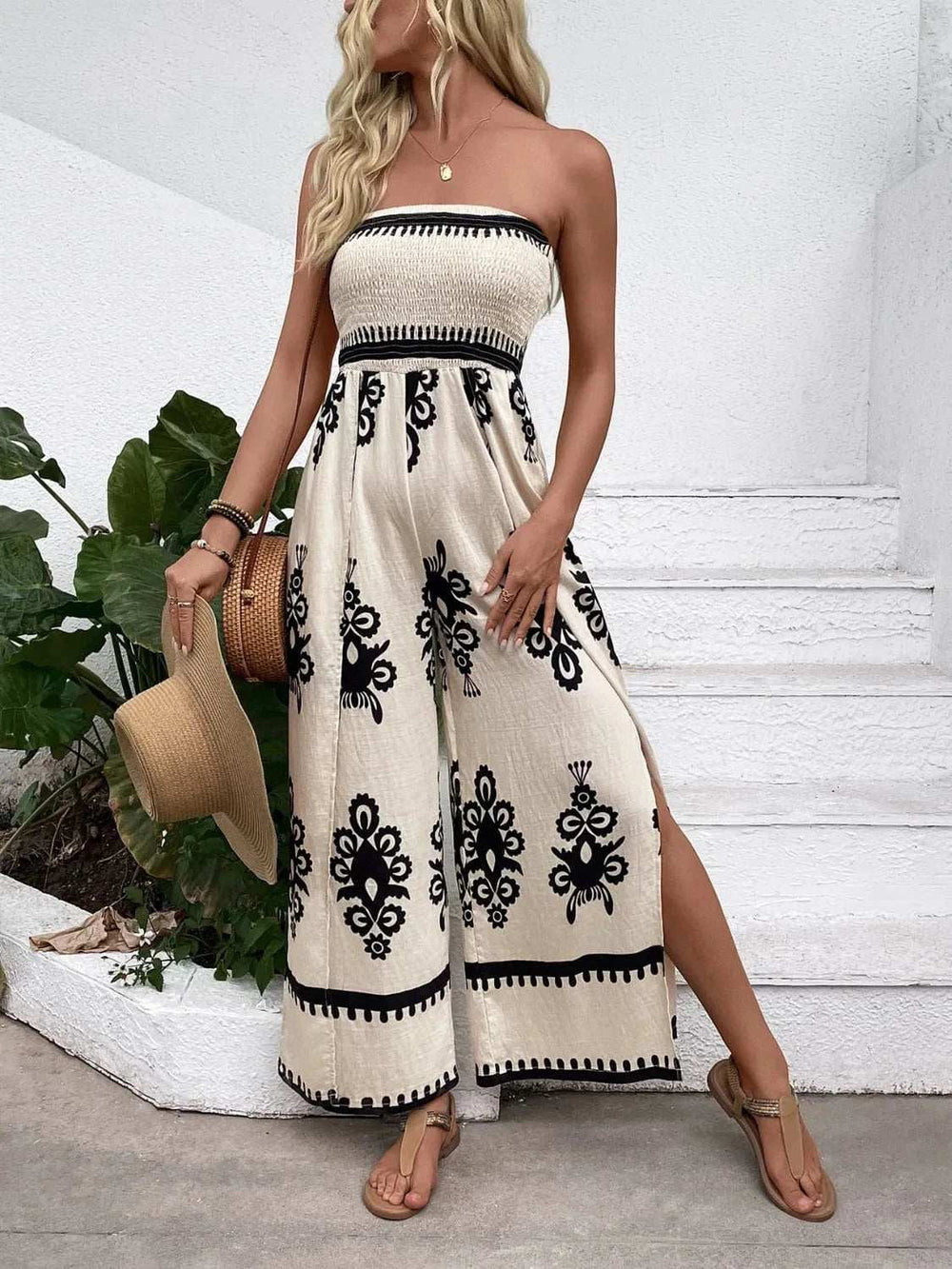 Smocked Printed Wide Leg Jumpsuit - Trendsi - Flyclothing LLC