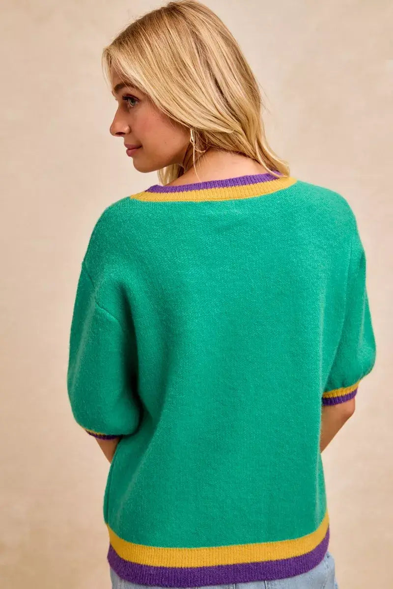 BiBi Mardi Gras Sequin Ribbon Patched Sweater - Trendsi - Flyclothing LLC