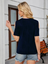 Textured V-Neck Cold Shoulder Top - Trendsi - Flyclothing LLC