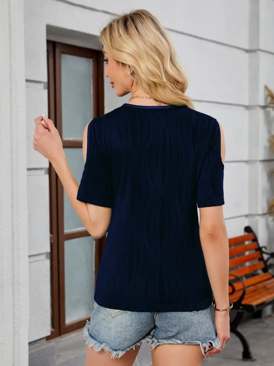 Textured V-Neck Cold Shoulder Top - Trendsi - Flyclothing LLC