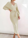 Tied Long Sleeve Wrap Sweater Dress - Trendsi