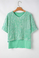 Layered Sequin V-Neck Half Sleeve Top - Trendsi - Flyclothing LLC