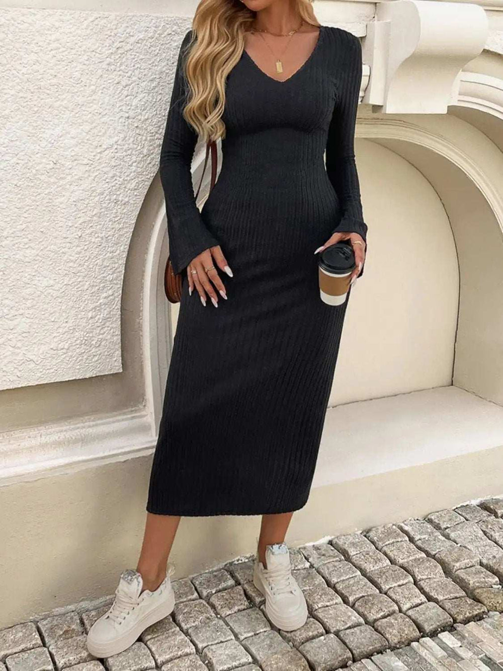 Devine Tied V-Neck Long Sleeve Sweater Dress - Trendsi - Flyclothing LLC