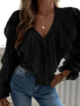 Full Size Ruffled V-Neck Button Down Flounce Sleeve Blouse - Trendsi - Flyclothing LLC