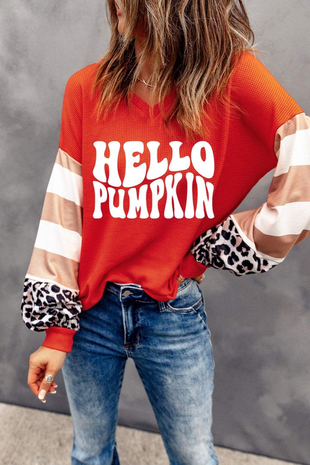Letter Graphic V-Neck Long Sleeve Top - Trendsi - Flyclothing LLC