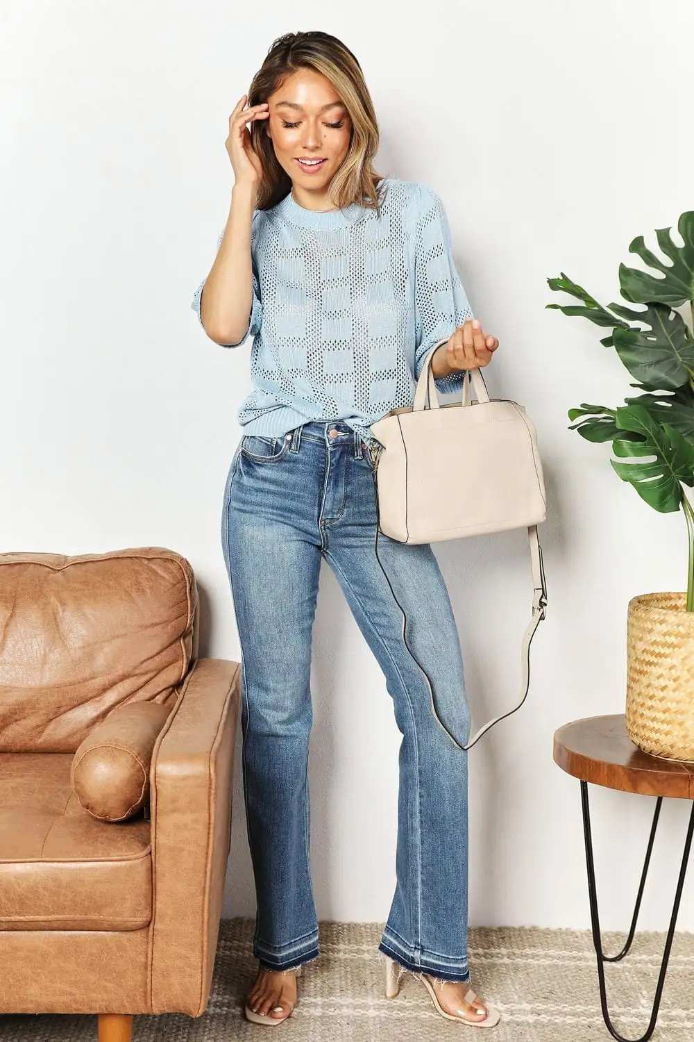 Mandy Ribbed Trim Round Neck Knit Top - Trendsi - Flyclothing LLC