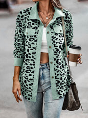 Full Size Leopard Collared Neck Button Up Long Sleeve Jacket - Trendsi