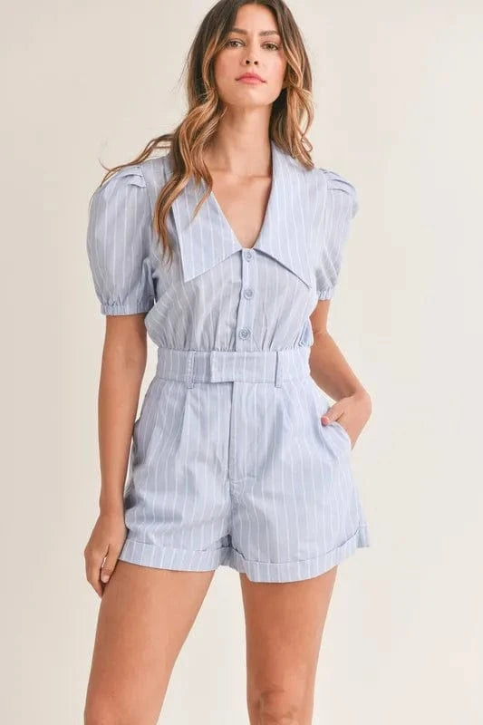 MABLE Striped Puff Sleeve Collared Neck Romper - Trendsi