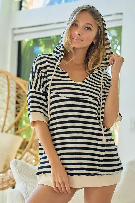 BiBi Stripe Fleece Notch Neck Short Sleeve Hoodie - Trendsi - Flyclothing LLC