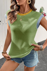 Contrast Trim Ribbed Knit Sleeveless Top - Trendsi - Flyclothing LLC