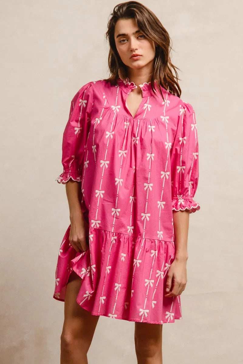 BiBi Ribbon Patterns With Scallops Edge Details Short Sleeve Dress - Trendsi - Flyclothing LLC