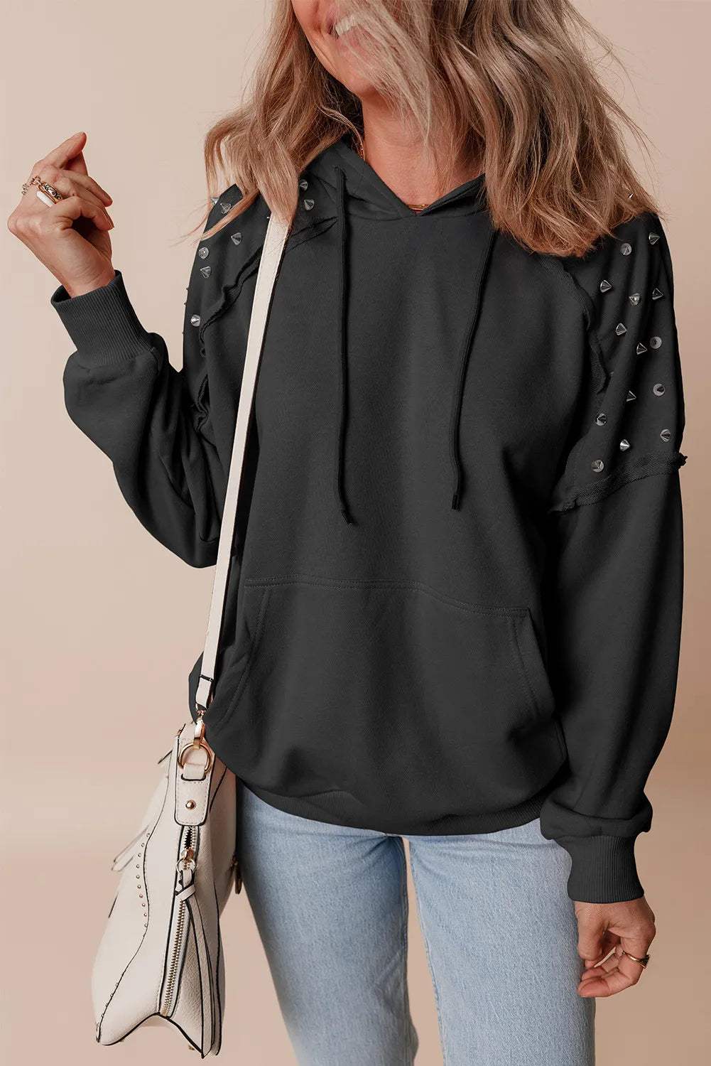 Rivet Drawstring Long Sleeve Hoodie - Trendsi - Flyclothing LLC