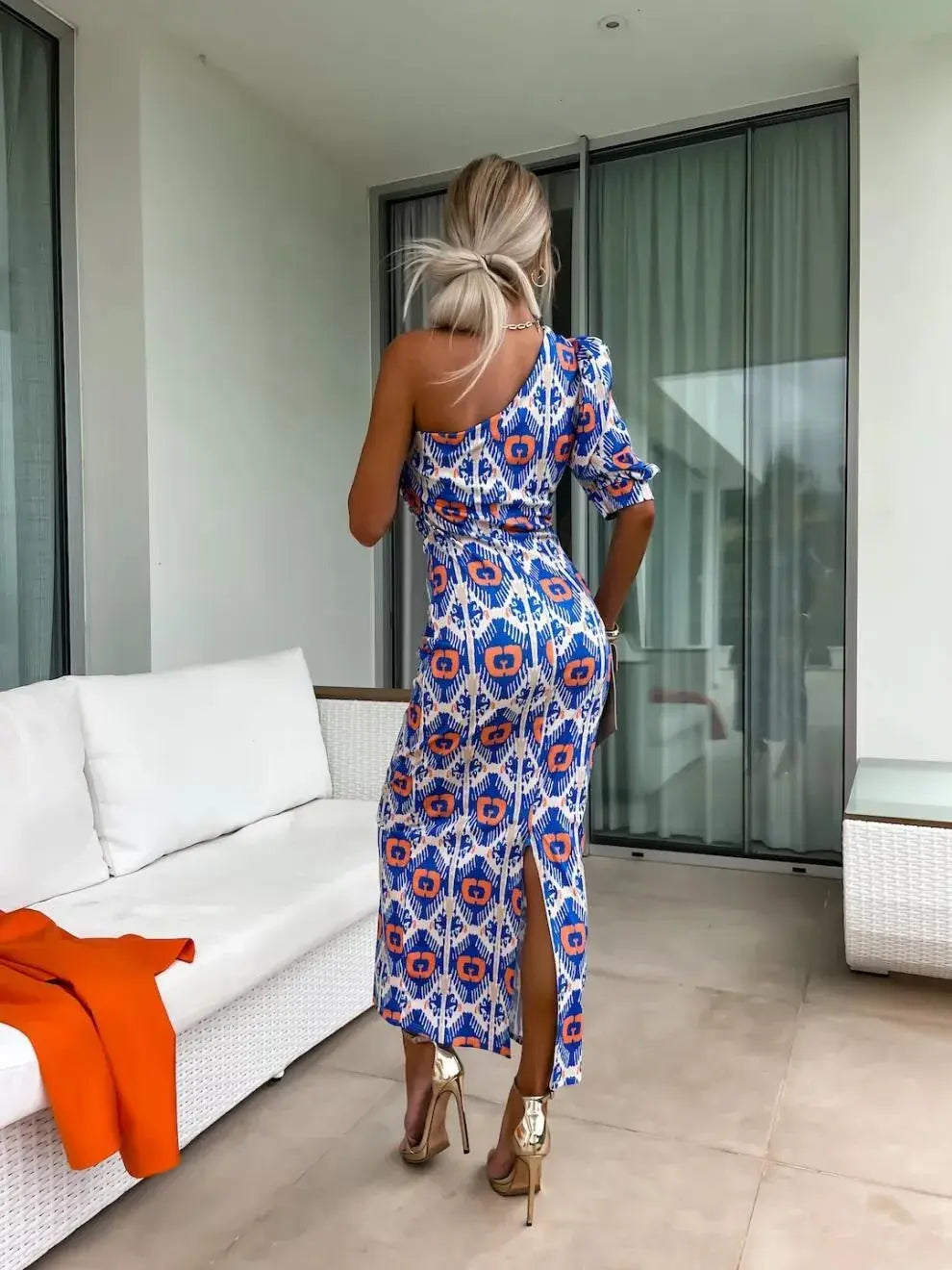 Slit Printed Single Shoulder Midi Dress - Trendsi - Flyclothing LLC