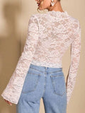 V-Neck Flare Sleeve Lace Top - Trendsi