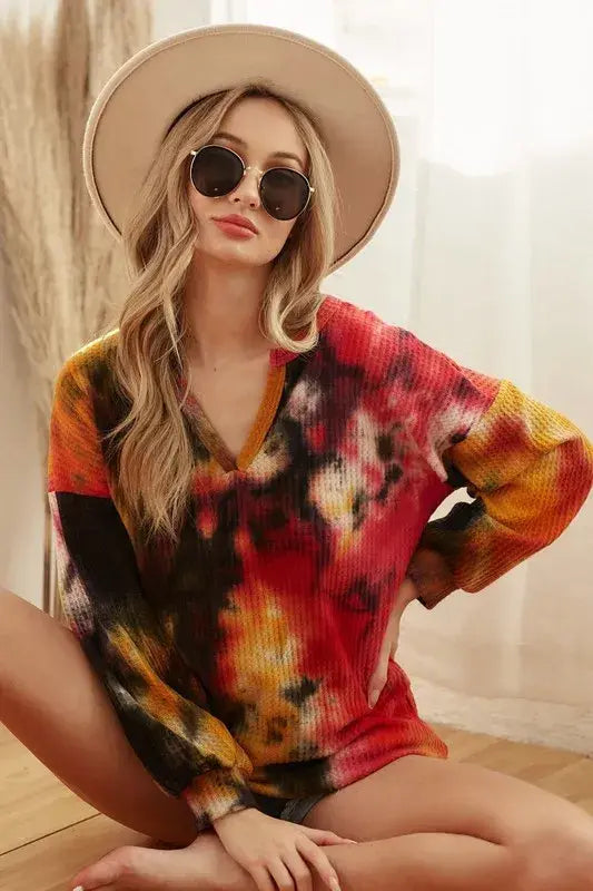 BiBi Tie Dye Brushed Waffle Top With Bubble Sleeves - Trendsi - Flyclothing LLC