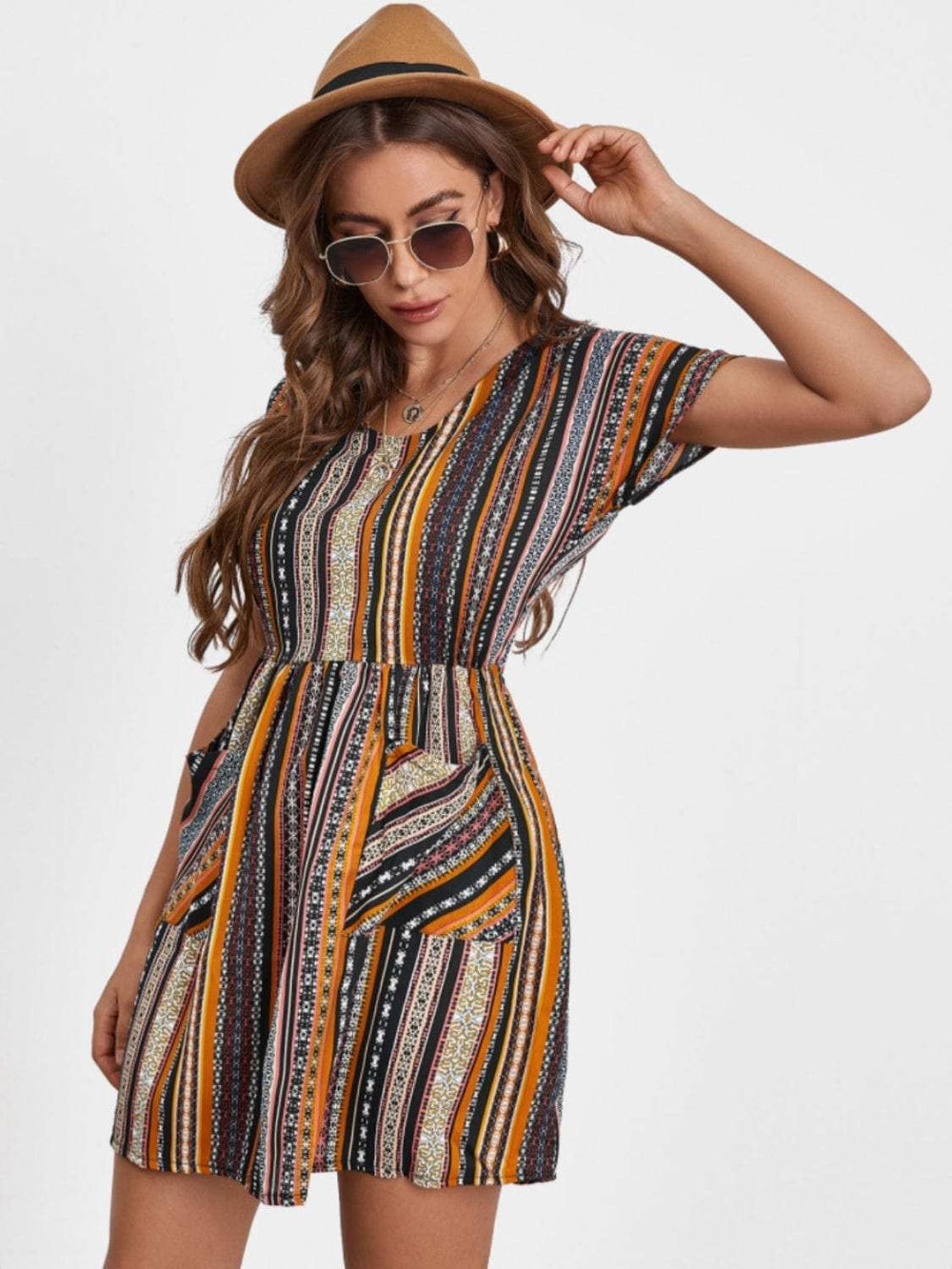 Pocketed Striped Short Sleeve Dress - Trendsi - Flyclothing LLC