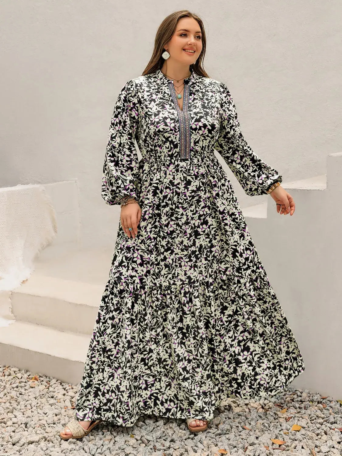 Plus Size Floral Print Long Sleeve Tiered Maxi Dress - Trendsi - Flyclothing LLC