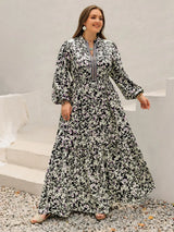 Plus Size Floral Print Long Sleeve Tiered Maxi Dress - Trendsi - Flyclothing LLC
