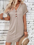 Quarter Button V-Neck Short Sleeve Dress - Trendsi