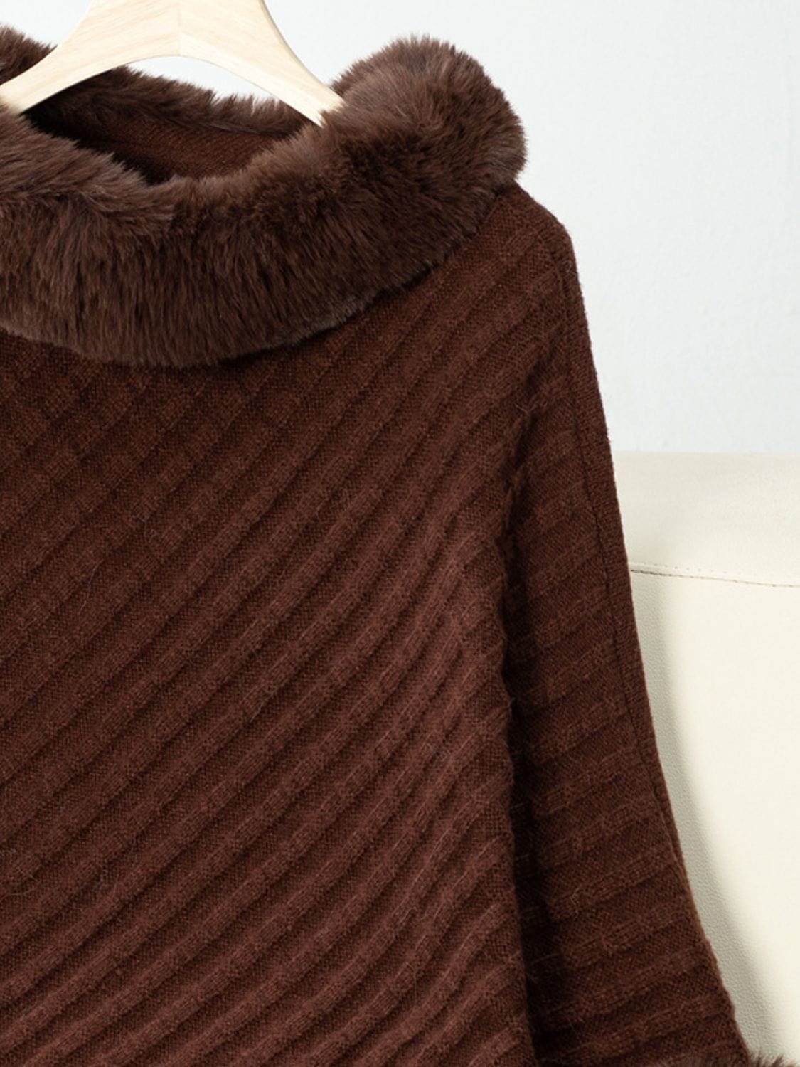Fuzzy Trim Texture Three-Quarter Sleeve Poncho - Trendsi