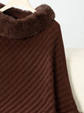 Fuzzy Trim Texture Three-Quarter Sleeve Poncho - Trendsi
